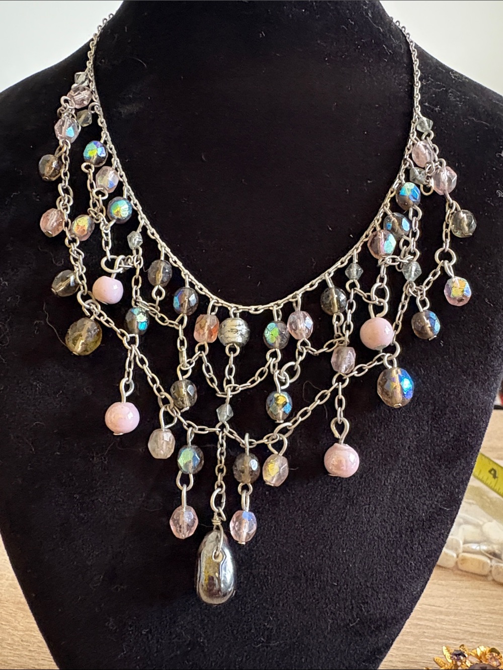 Victorian style glass beaded necklace, silver tone